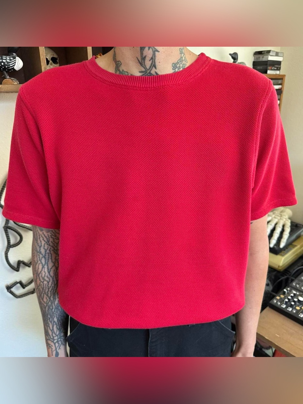 Vintage 90s Eddie Bauer Red Knitted Short Sleeve Shirt ~ Size Small
